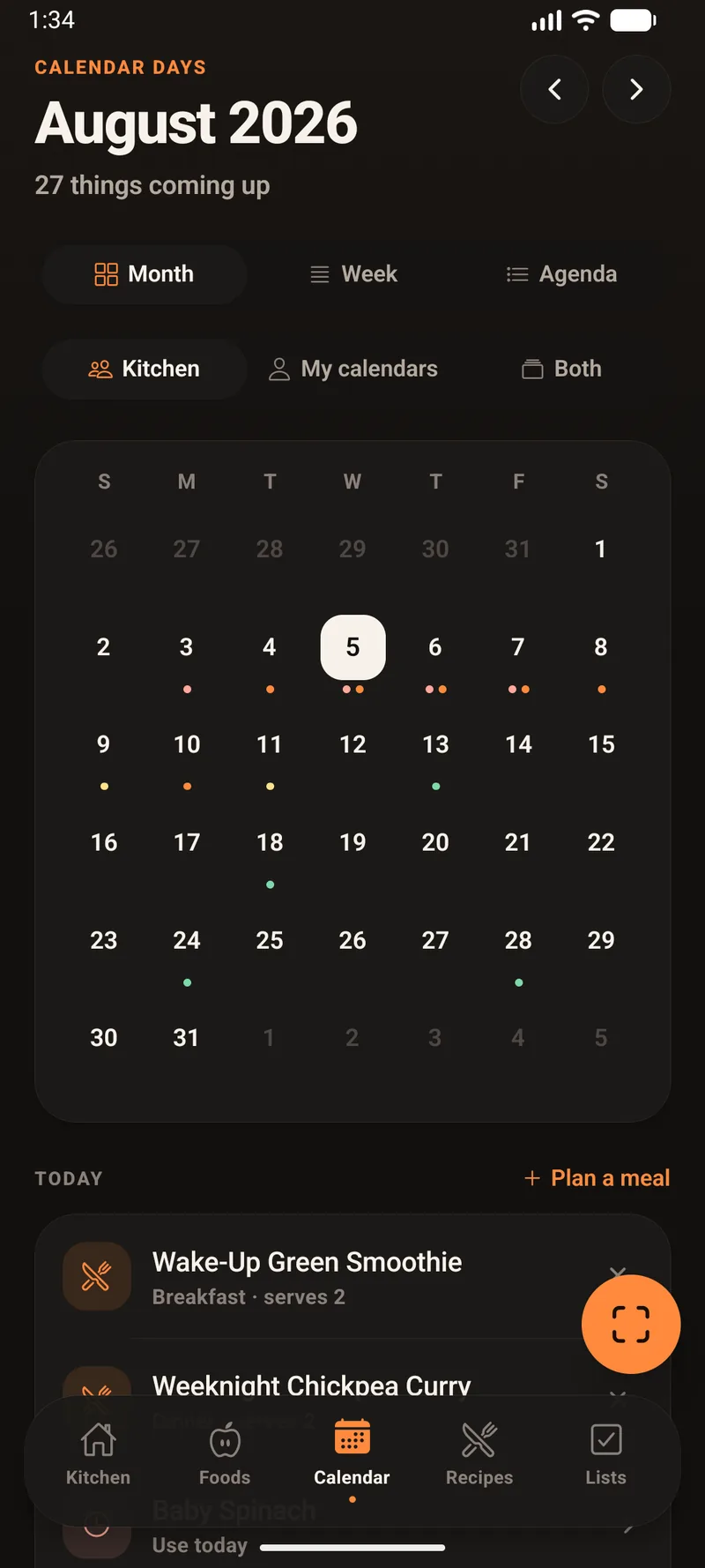 Calendar Days showing August 2026 with 27 things coming up, tabs for Month, Week and Agenda, a source switch between Kitchen, My calendars and Both, a month grid with coloured dots on days, and today's planned meals underneath.