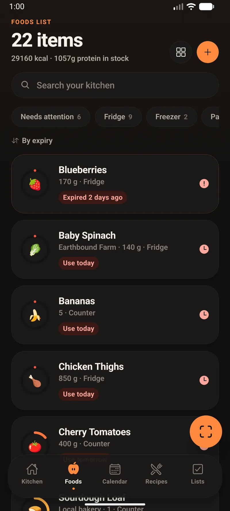 The Foods List tab showing 22 items sorted by expiry, with blueberries expired two days ago and spinach, bananas and chicken thighs to use today.