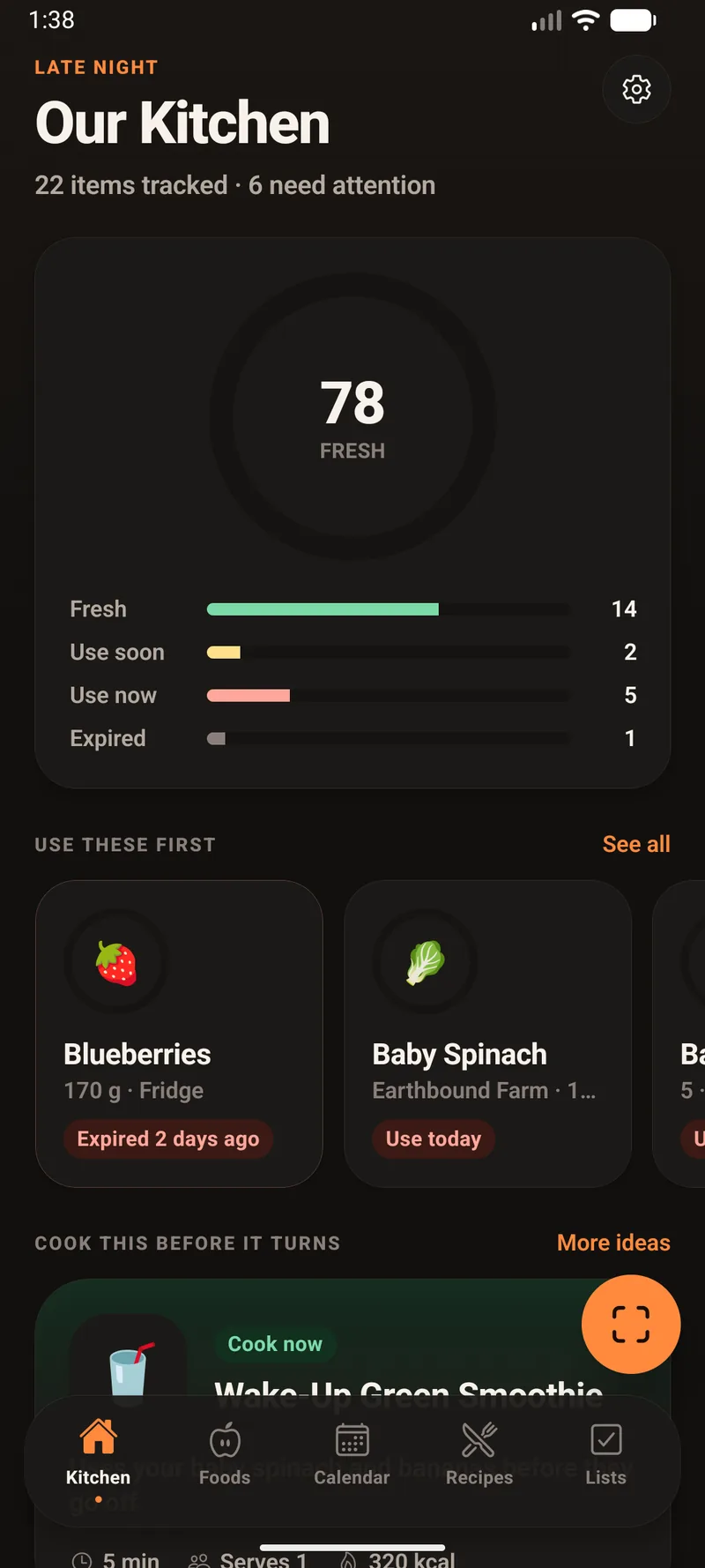 The Kitchen tab showing a freshness score of 78, a breakdown of 14 fresh, 2 use soon, 5 use now and 1 expired item, and a row of items to use first.