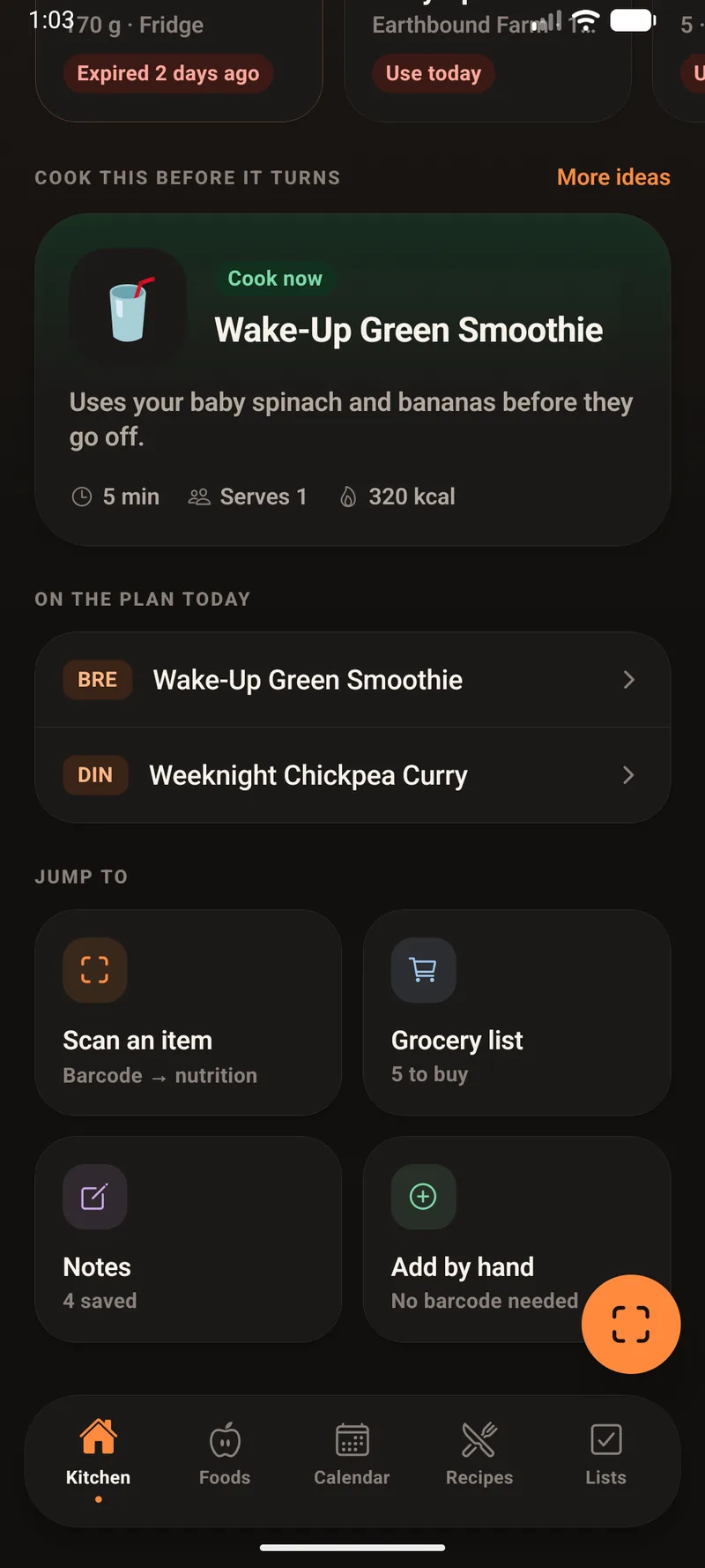 Lower half of the Kitchen tab showing Cook this before it turns with a Wake-Up Green Smoothie suggestion marked Cook now, an On the plan today list with breakfast and dinner, and a Jump to grid.