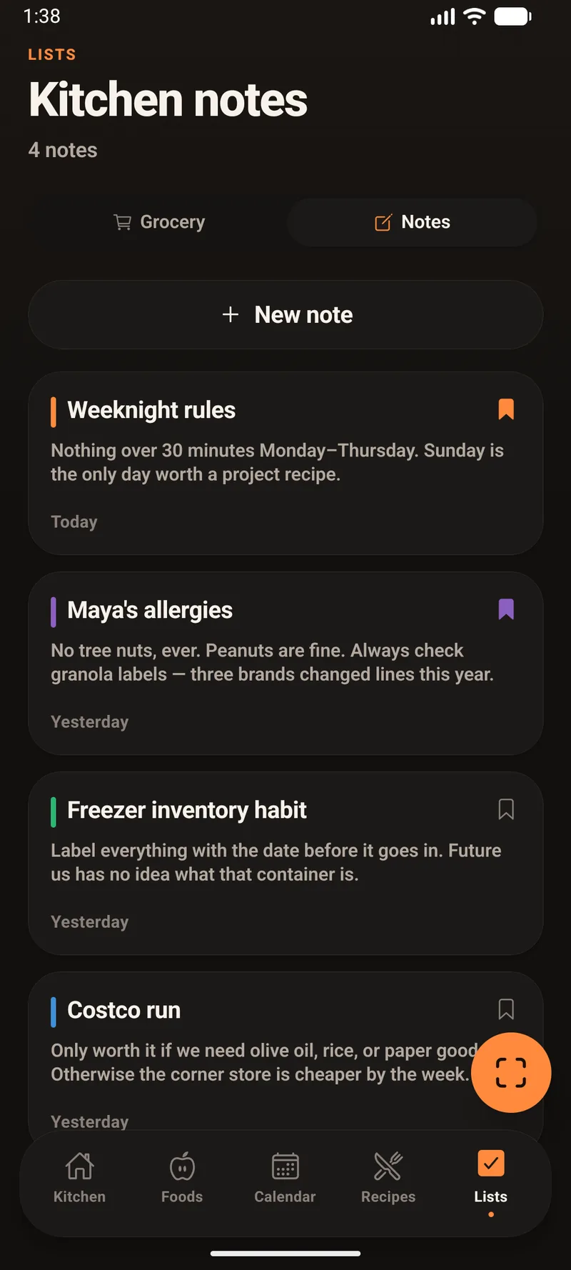 Kitchen notes tab with four notes — Weeknight rules, Maya's allergies, Freezer inventory habit and Costco run — each with a coloured spine and two bookmarked.