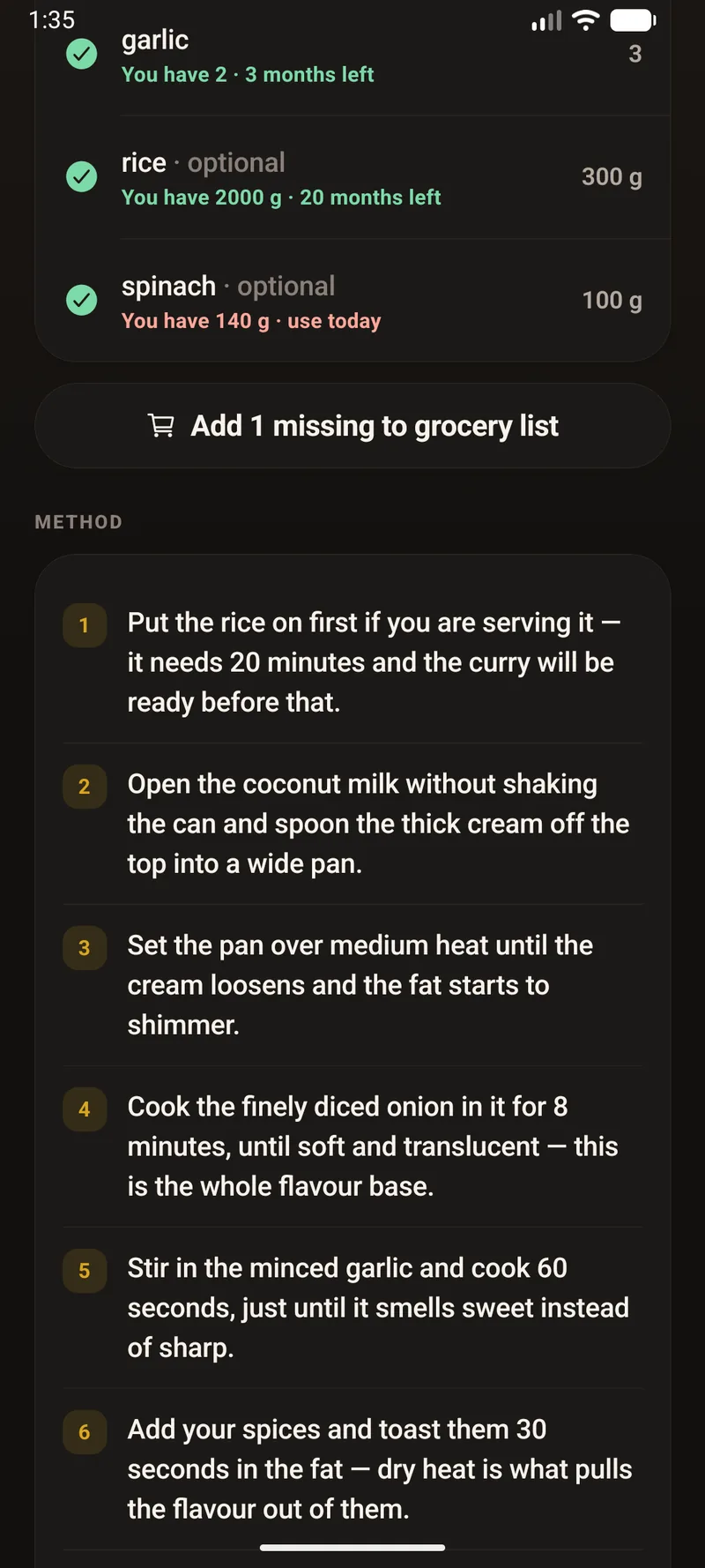 Lower part of a recipe showing ticked ingredients with quantities, an Add 1 missing to grocery list button, and a numbered method with steps explaining the technique.