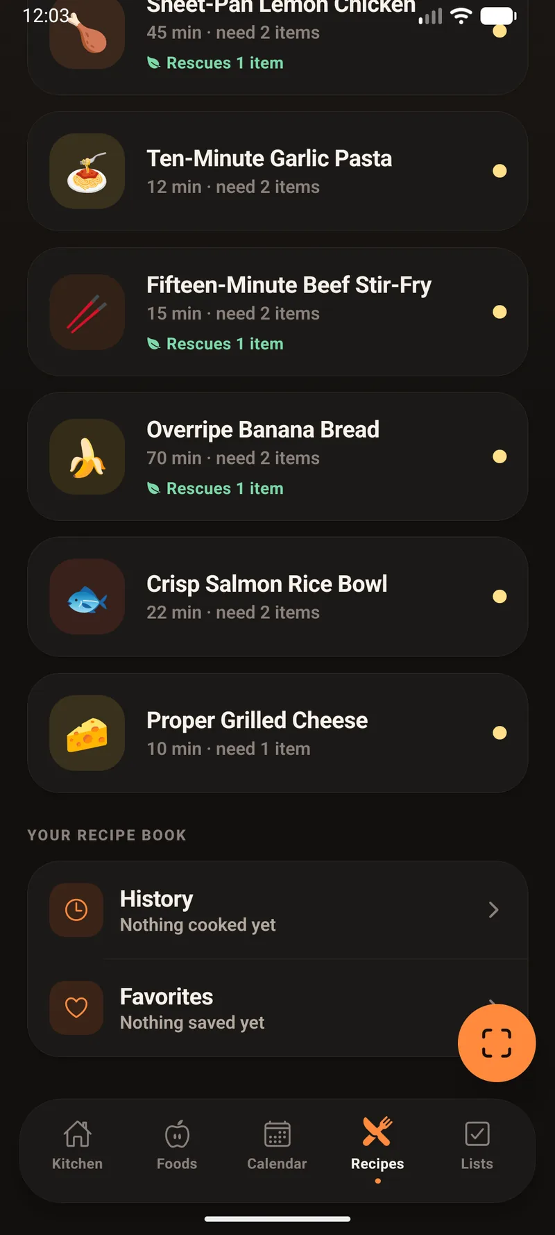 Recipes list showing Ten-Minute Garlic Pasta, Fifteen-Minute Beef Stir-Fry, Overripe Banana Bread, Crisp Salmon Rice Bowl and Proper Grilled Cheese, each with a cook time, how many items are missing, and a green Rescues 1 item marker on some.
