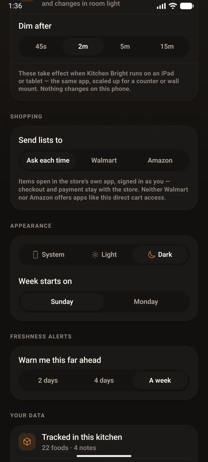 Settings showing a Dim after control with 45s, 2m, 5m and 15m options, a Send lists to choice of Ask each time, Walmart or Amazon, appearance options System, Light and Dark, a week-start choice, and a Warn me this far ahead setting.