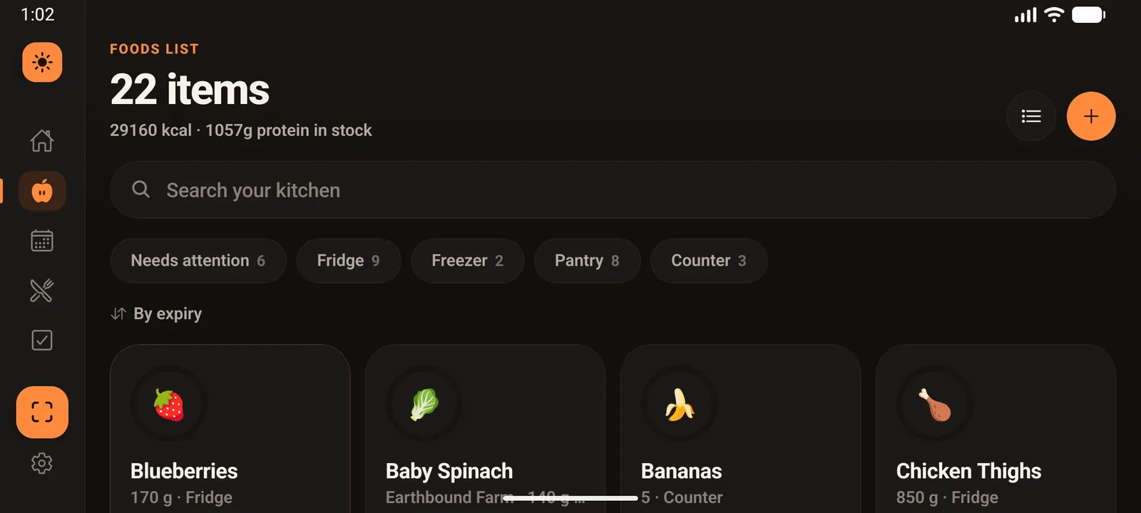 Kitchen Bright on a tablet in landscape, with a vertical side rail of icons on the left and the Foods List laid out in four columns.